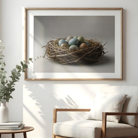 Naturinspirert påskeplakat med rede og egg hengende på vegg i lyst nordisk interiør