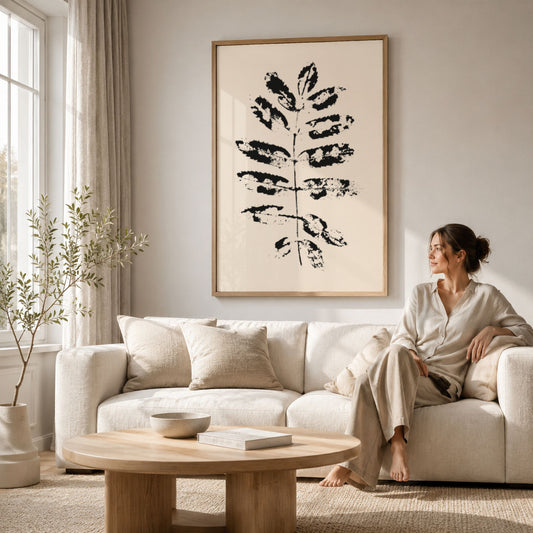 Nordic Botanical No1 som stor botanisk plakat over sofa i moderne skandinavisk stue.
