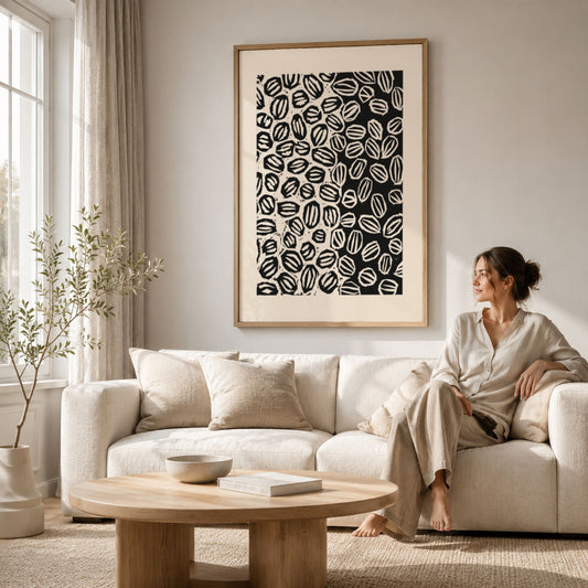 Nordic Botanical No4 som stor botanisk plakat over lys sofa i moderne skandinavisk stue.