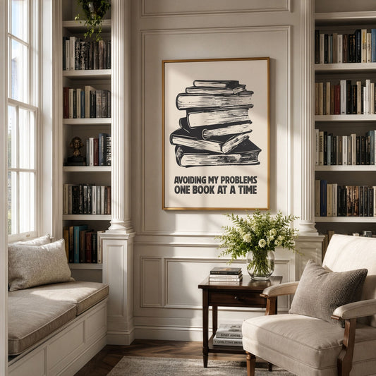 One Book at a Time bokplakat innrammet i klassisk bibliotek med bokhyller