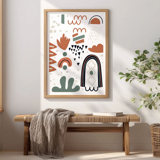 Open Rhythm grafisk plakat i eikeramme over trebenk i lyst nordisk interiør