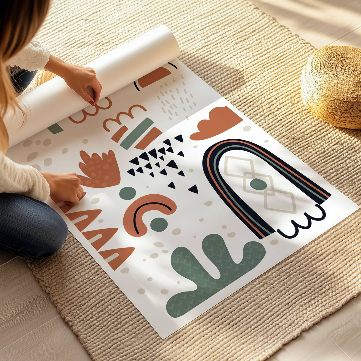Open Rhythm grafisk kunstplakat med organiske former i terrakotta og grønt vist som stort print