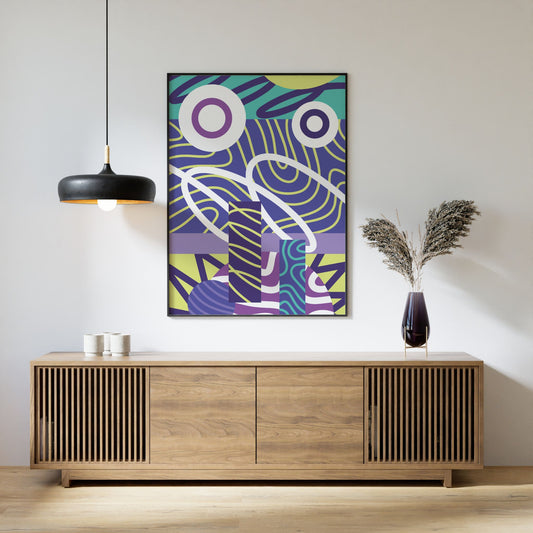 Orbit flow moderne abstrakt plakat over skjenk i nordisk stue