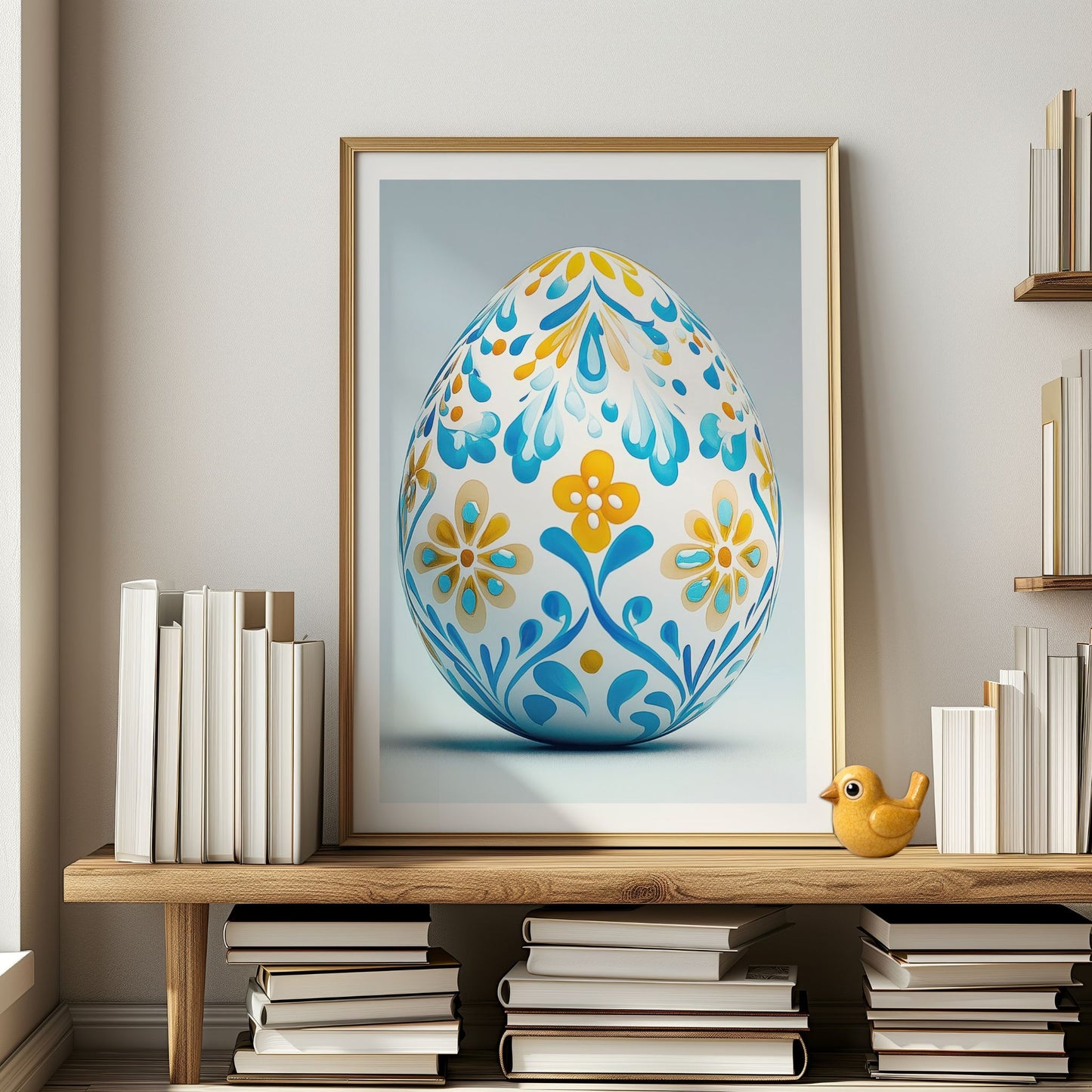 Påskeplakat med ornamentert blått påskeegg plassert på hylle i interiør