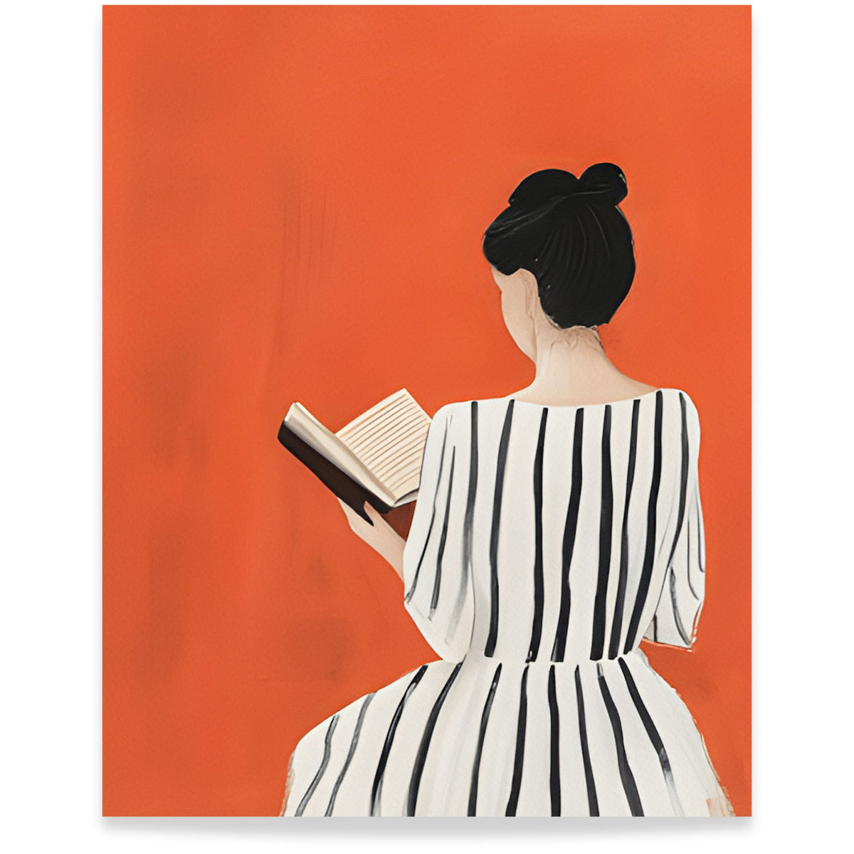 Pages in Orange kunstplakat med lesende kvinne mot intens oransje bakgrunn. Format 40x50