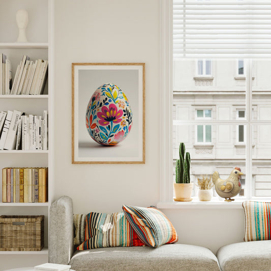 Plakat med fargerikt blomsterdekorert påskeegg på vegg i lyst interiør