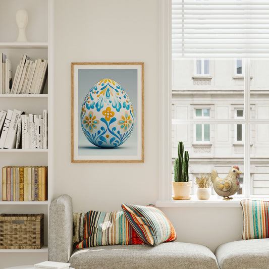 Plakat med blått og gyllent påskeegg på vegg i lyst nordisk interiør