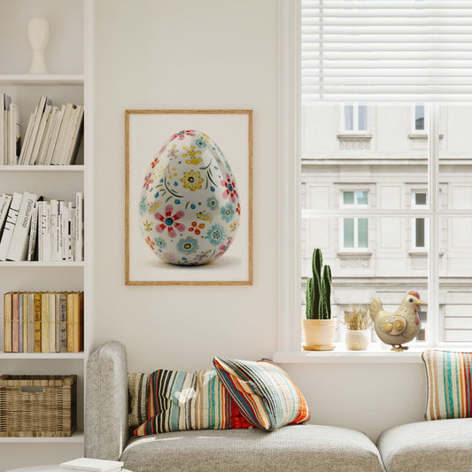 Plakat med blomsterdekorert påskeegg hengende på vegg i lyst interiør
