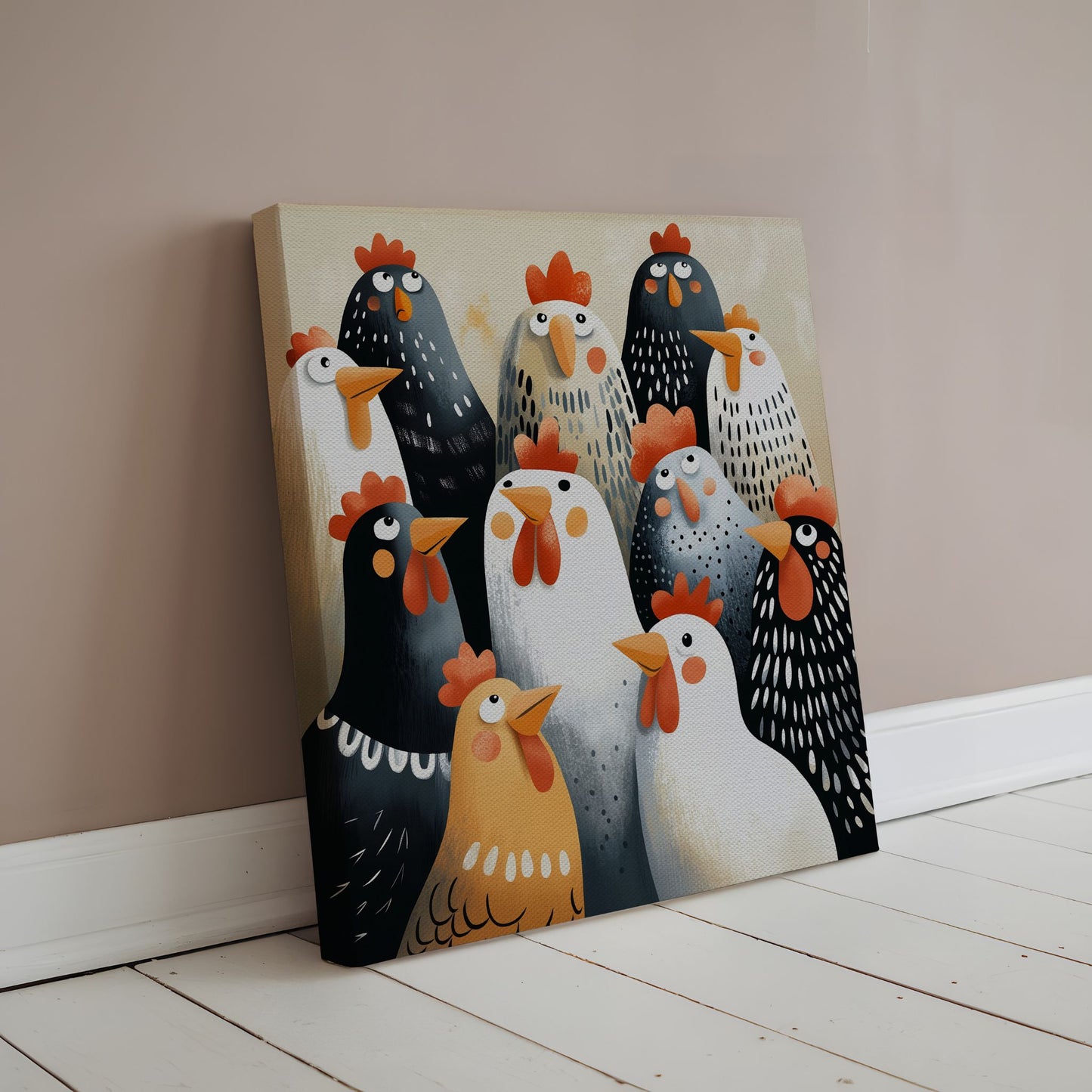 Dekorativt lerretsbilde med flere stiliserte høner som påskemotiv