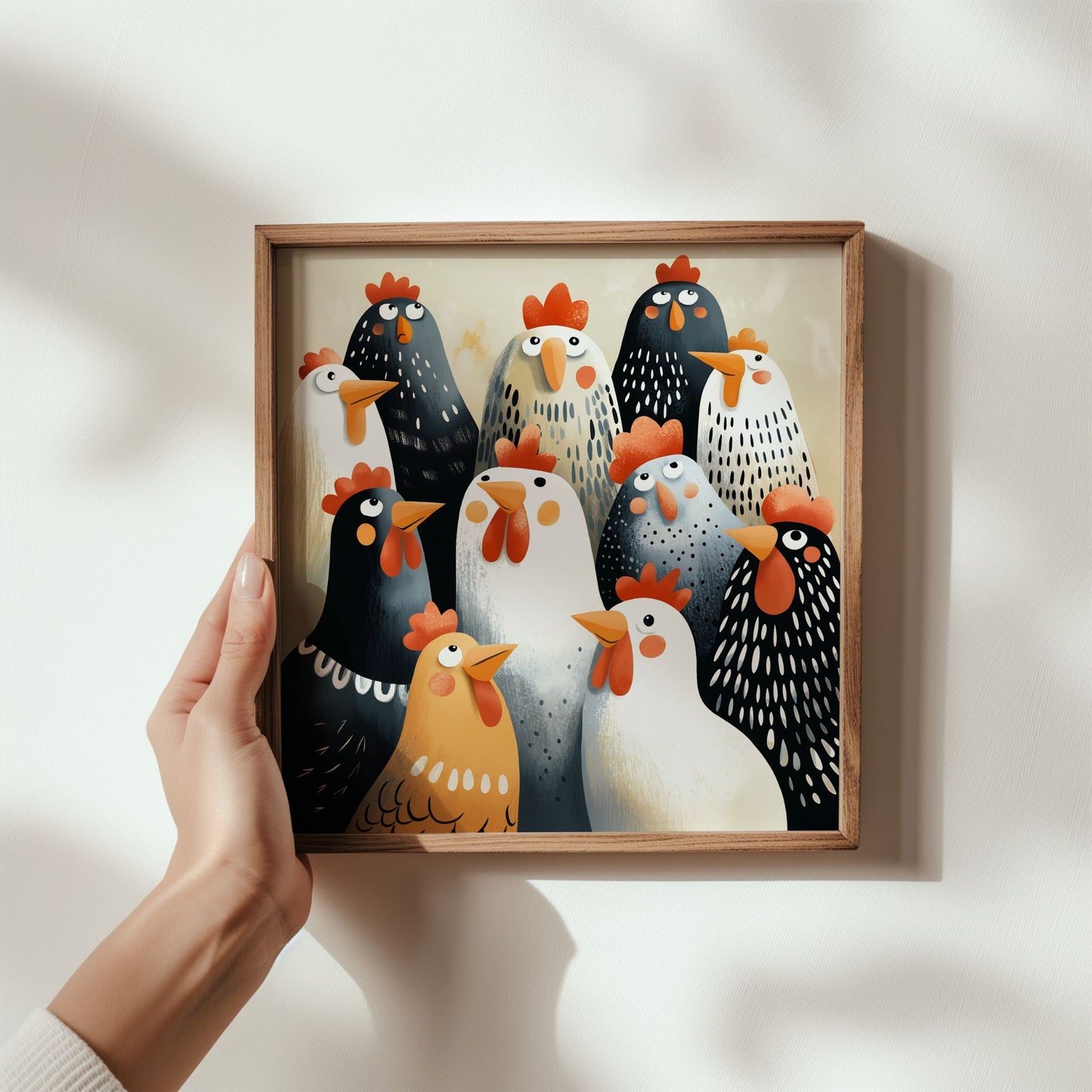 Innrammet påskeplakat med dekorative høner i moderne illustrasjonsstil