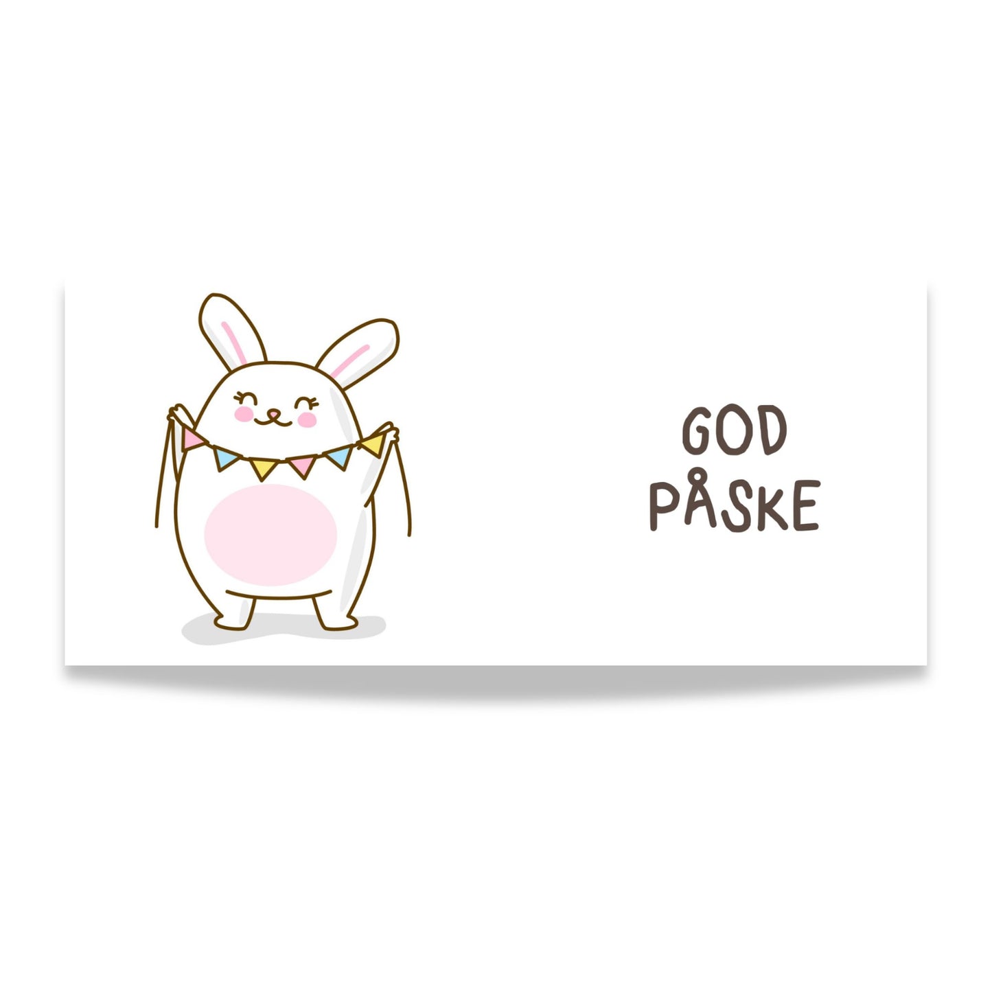 Hvitt keramikkrus med søt påskehare som holder vimpelrekke og teksten God påske på motsatt side. Illustrasjon av design.