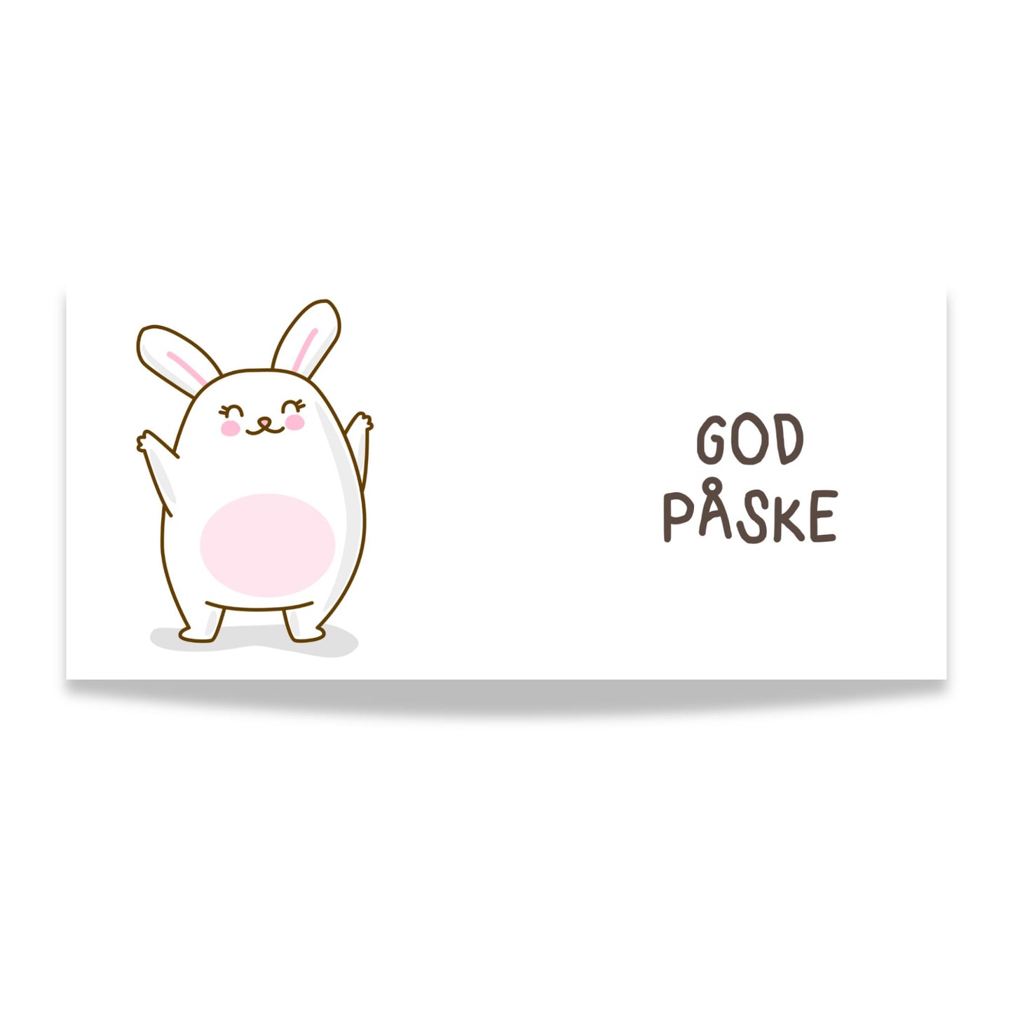 Hvitt keramikkrus med glad påskehare med løftede armer og teksten God påske på motsatt side. Illustrasjon av design.