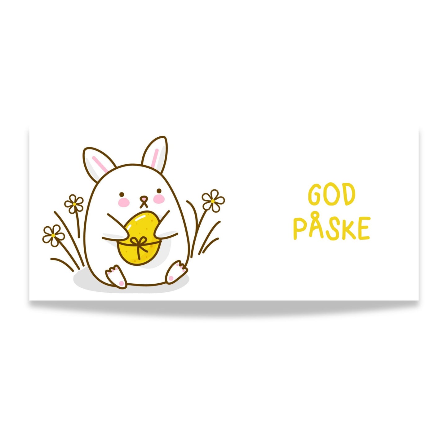 Hvitt keramikkrus med søt påskehare som holder gult påskeegg og teksten God påske på motsatt side. Illustrasjon som viser design.