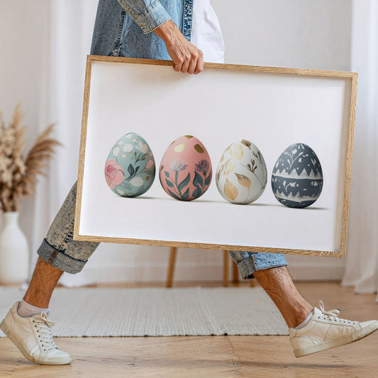 Pastell påskeplakat med dekorative påskeegg i lys treramme