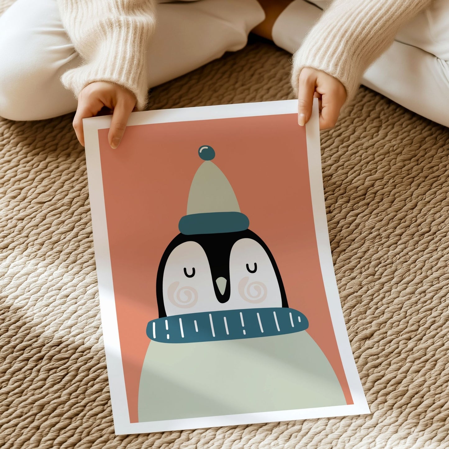 Pingvin plakat med hvit kant vist liggende på gulv