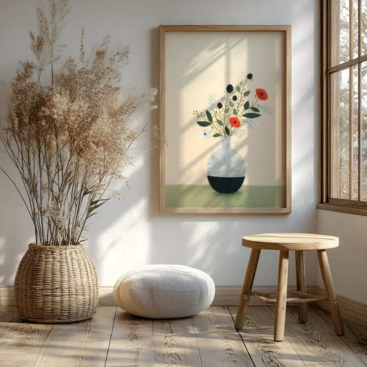 Botanisk plakat med blomster i lyst, nordisk interiør.