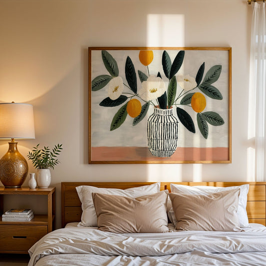 Botanisk plakat i miljø med blomster og grønne blader i mønstret vase, malt i rolige naturtoner med gule detaljer og moderne uttrykk.