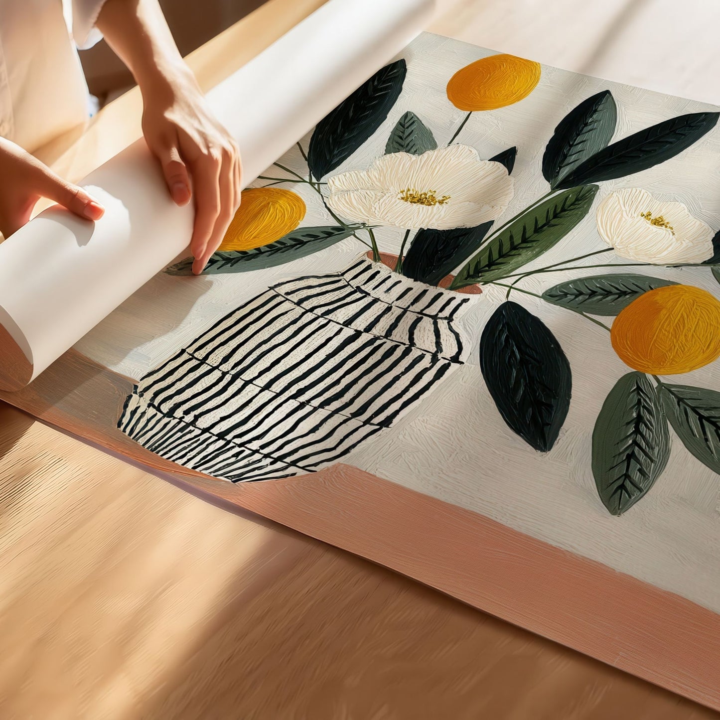 Detalj av botanisk plakat med blomster og grønne blader i mønstret vase, malt i rolige naturtoner med gule detaljer og moderne uttrykk.