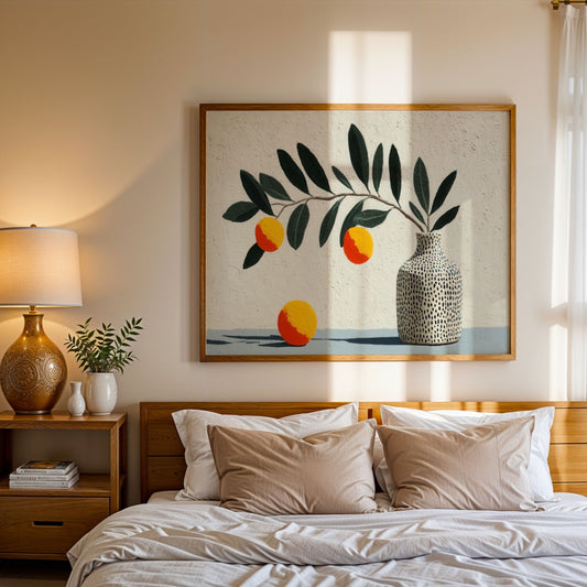 Miljøbilde av botanisk plakat med gren, grønne blader og sitrusfrukter i mønstret vase, malt i rolige naturtoner med moderne uttrykk.