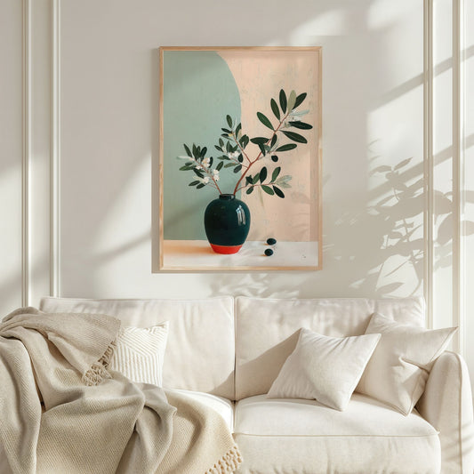 Botanisk plakat med grønne grener i mørk vase, malt i rolige naturtoner med mykt, moderne uttrykk.