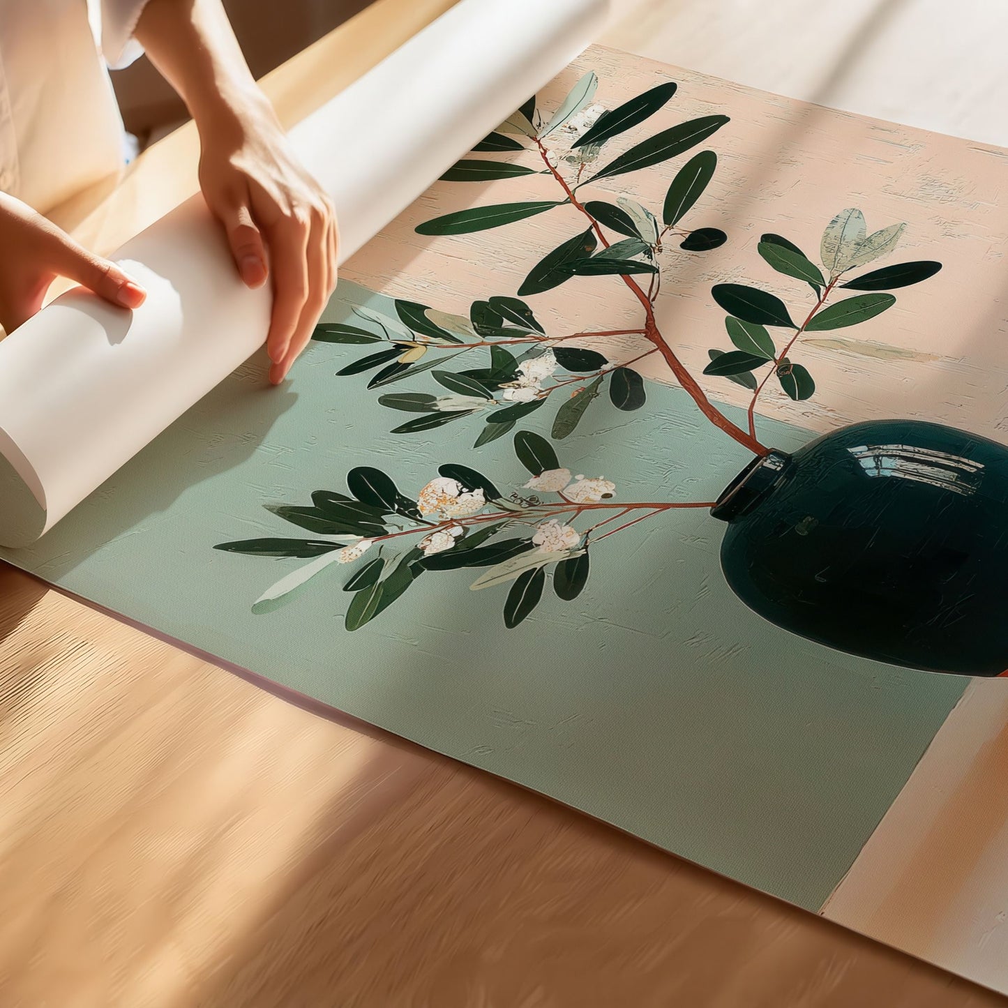 Botanisk plakat med grønne grener i mørk vase, malt i rolige naturtoner med mykt, moderne uttrykk.