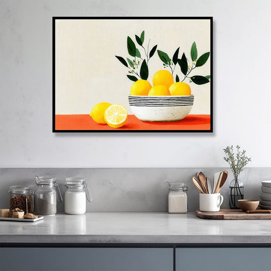 Mioljøbilde av grafisk stillebenplakat med kjøkkenobjekter, grønne blader og varme fargetoner, illustrert uttrykk i moderne stil.