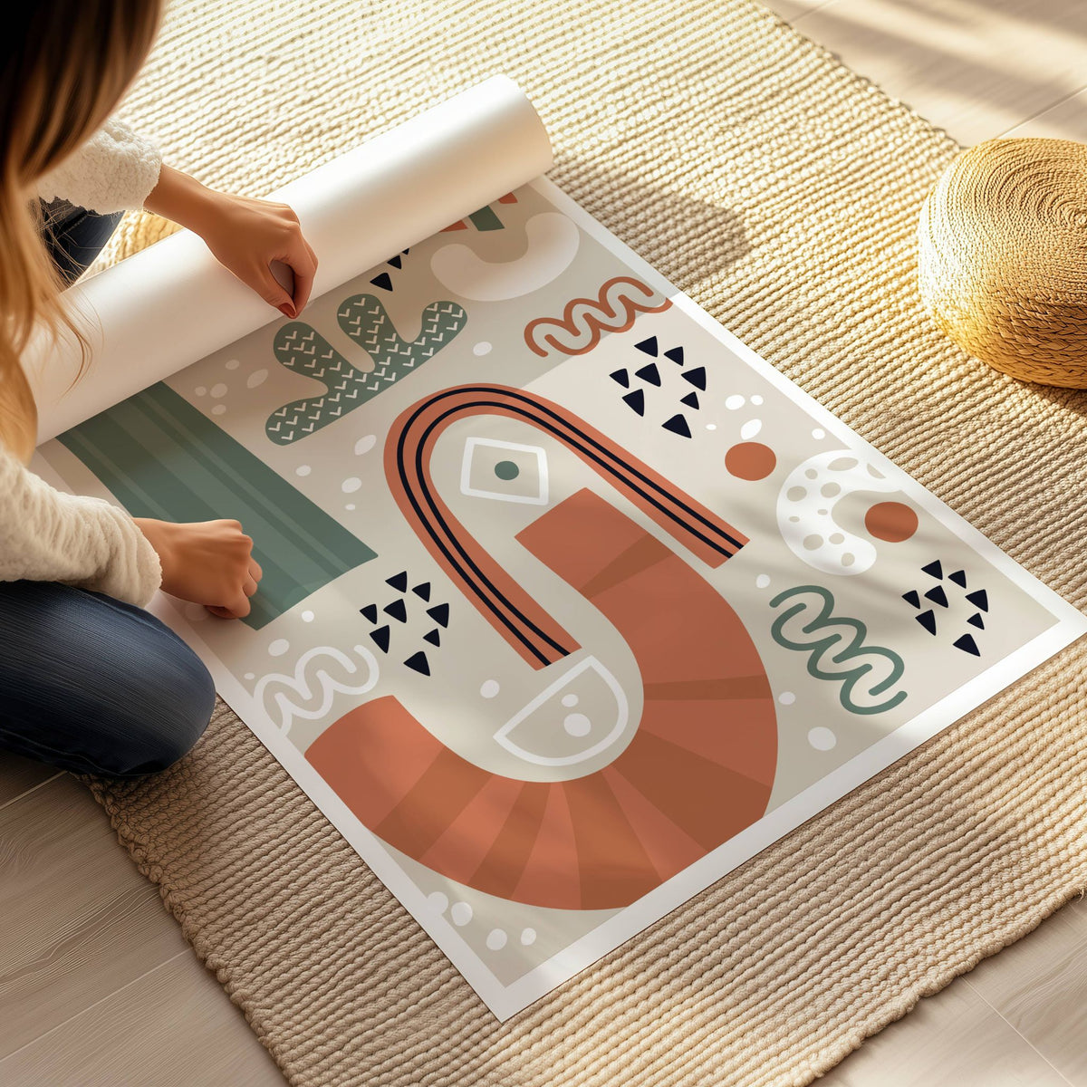 Playful Arch grafisk kunstplakat med terrakotta og grønne former vist som stort print