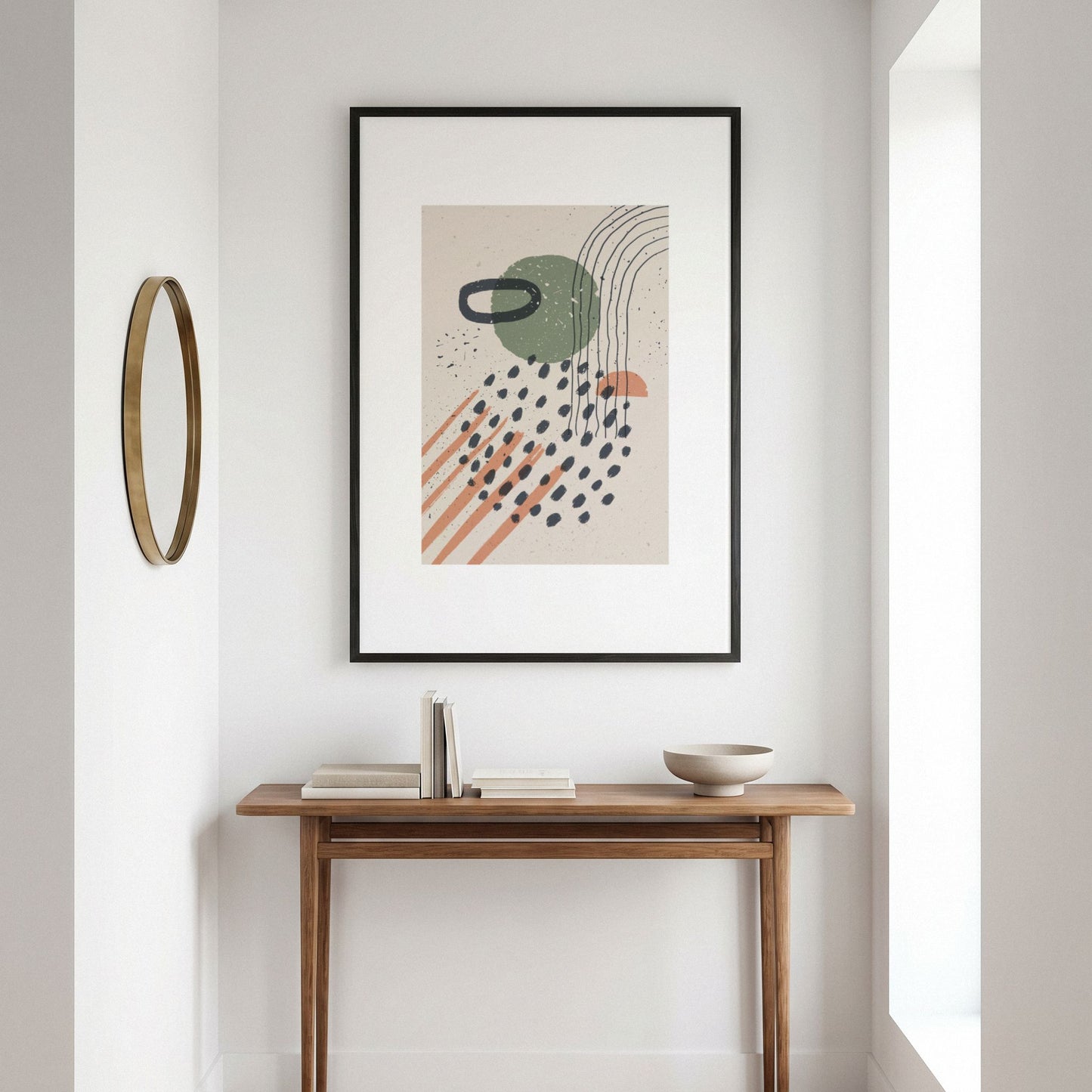 Playful Motion moderne grafisk plakat i sort ramme over konsollbord i skandinavisk interiør