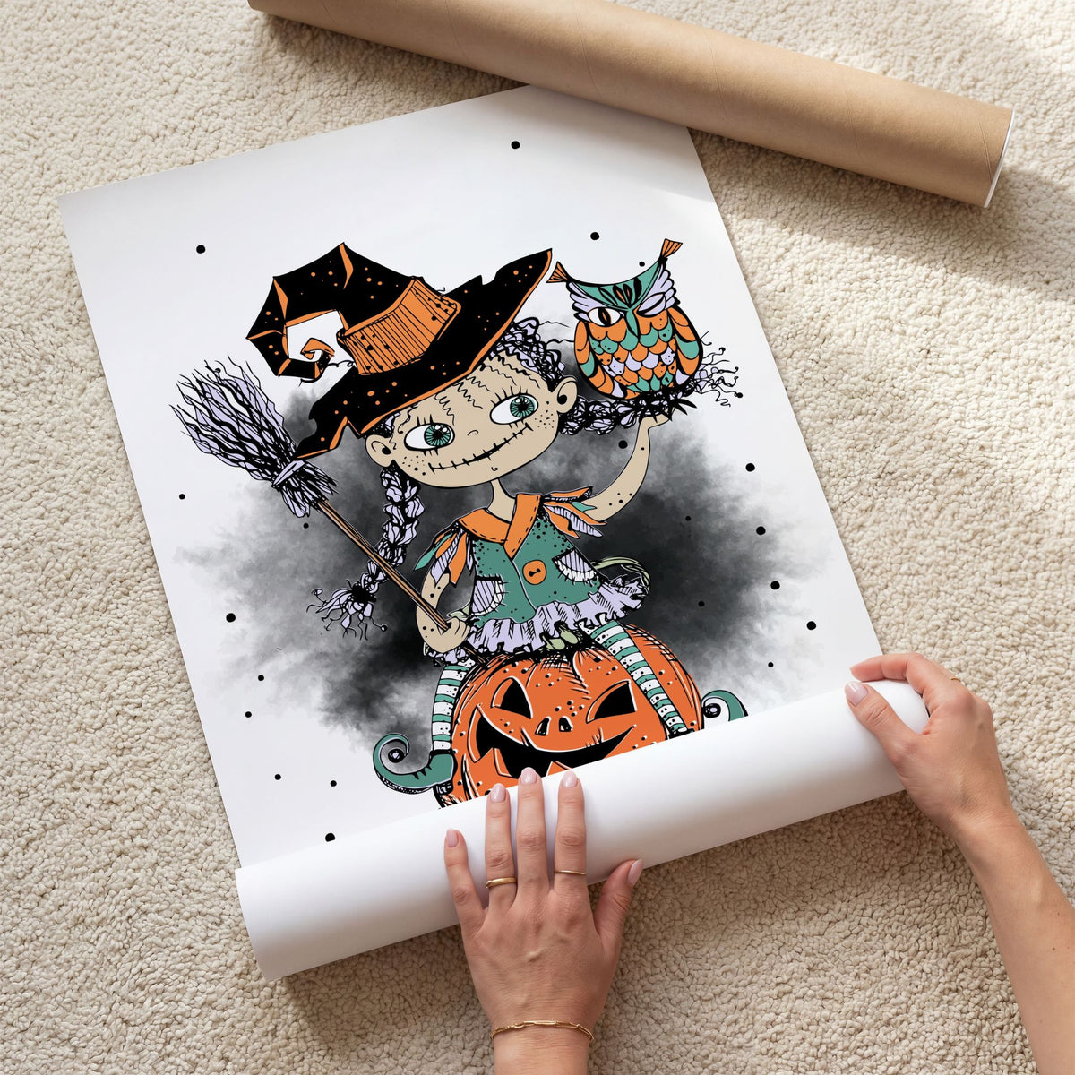 Pumpkin Perch Halloween-plakat med heks og ugle vist som kunsttrykk
