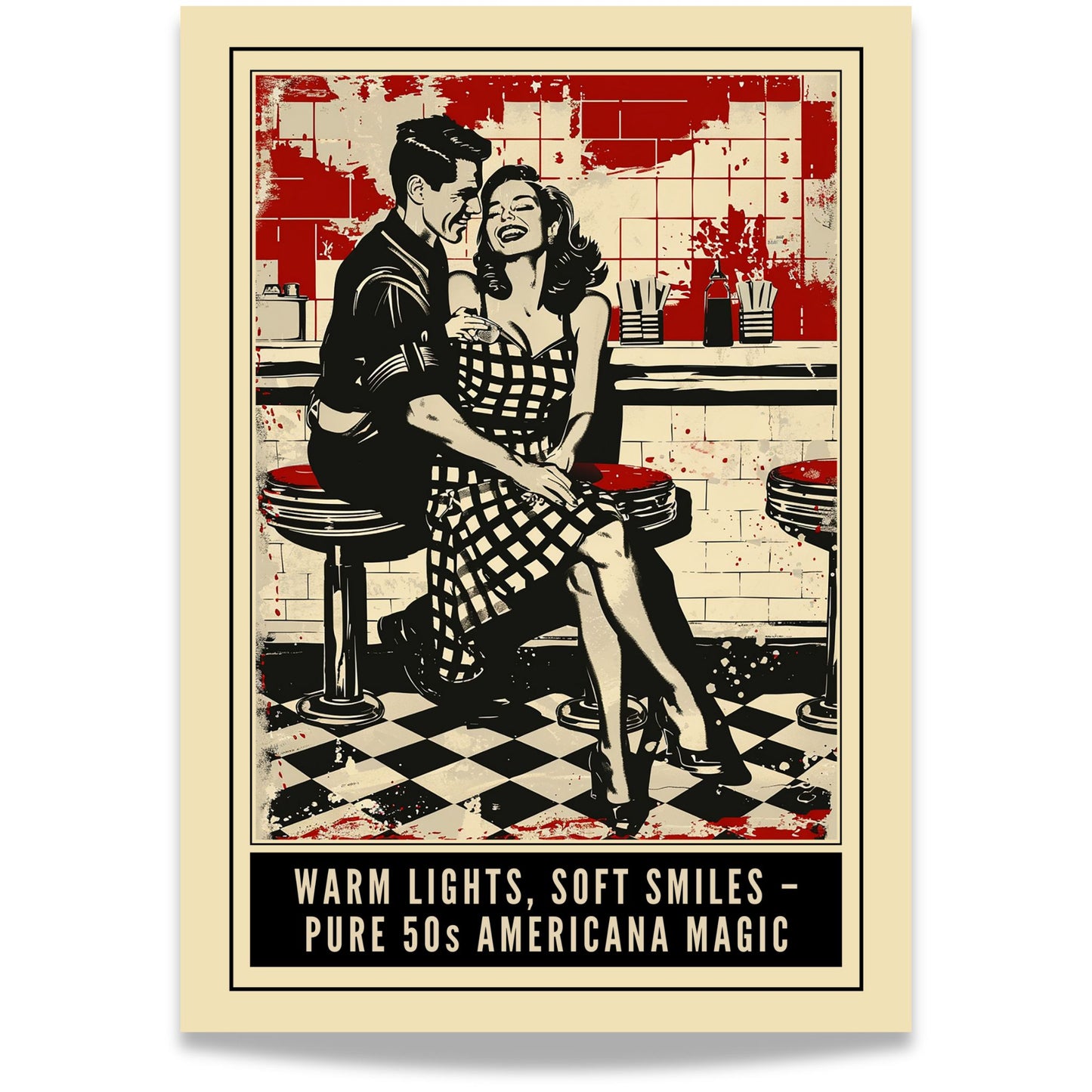 Retro filmplakat-inspirert design med par i 50-talls diner og tekst: Warm lights, soft smiles – pure 50s Americana magic.