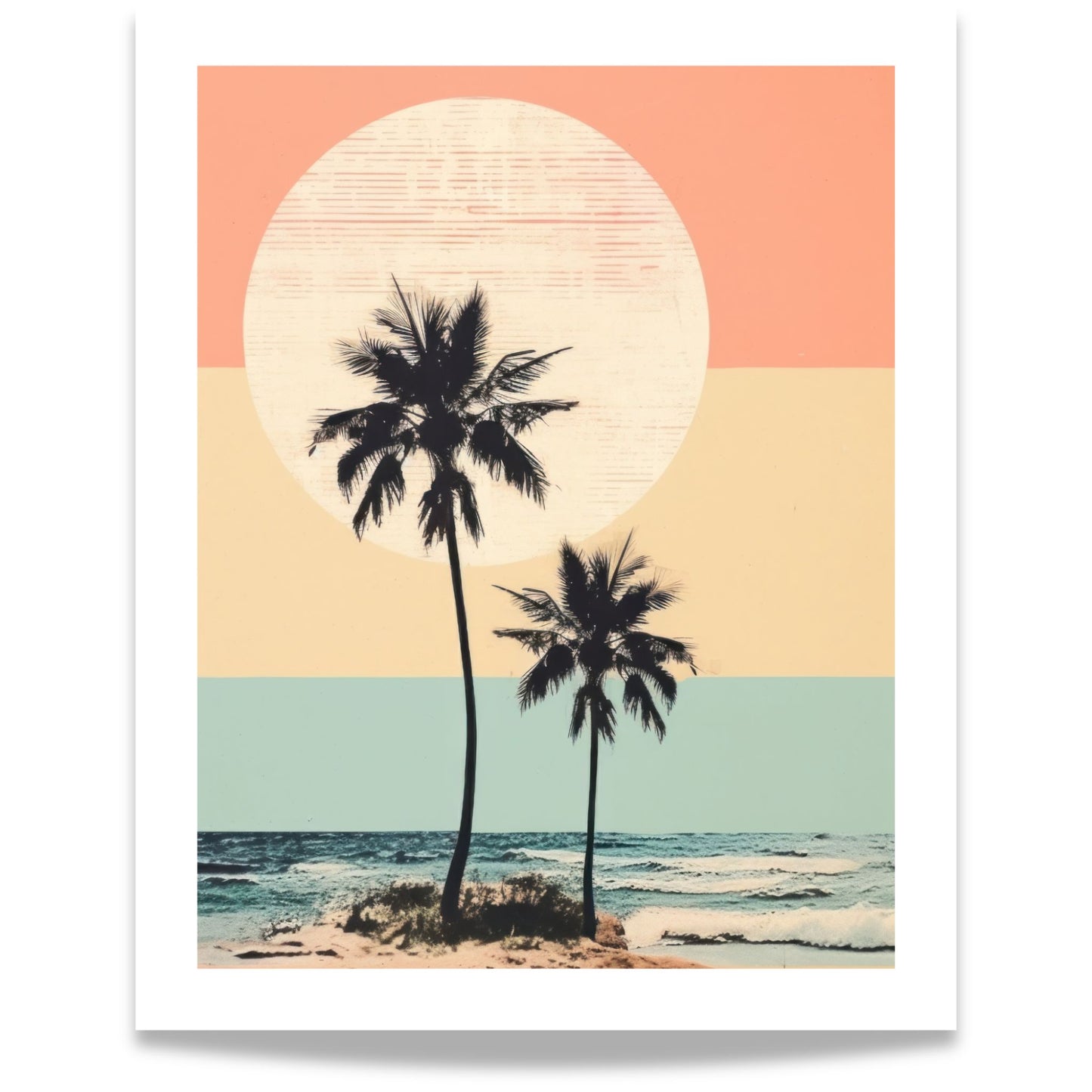 Grafisk plakat Retro Sunset Palms med palmesilhuetter, pastellfargede horisonter og stor sol. 40x50 med hvit kantlinje.