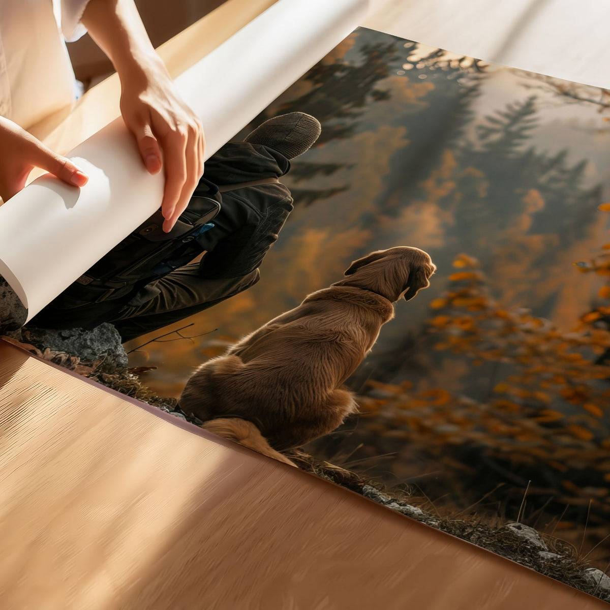 Nærbilde av Silent Companions som viser trykk på matt premium papir med detaljer av jeger og hund.