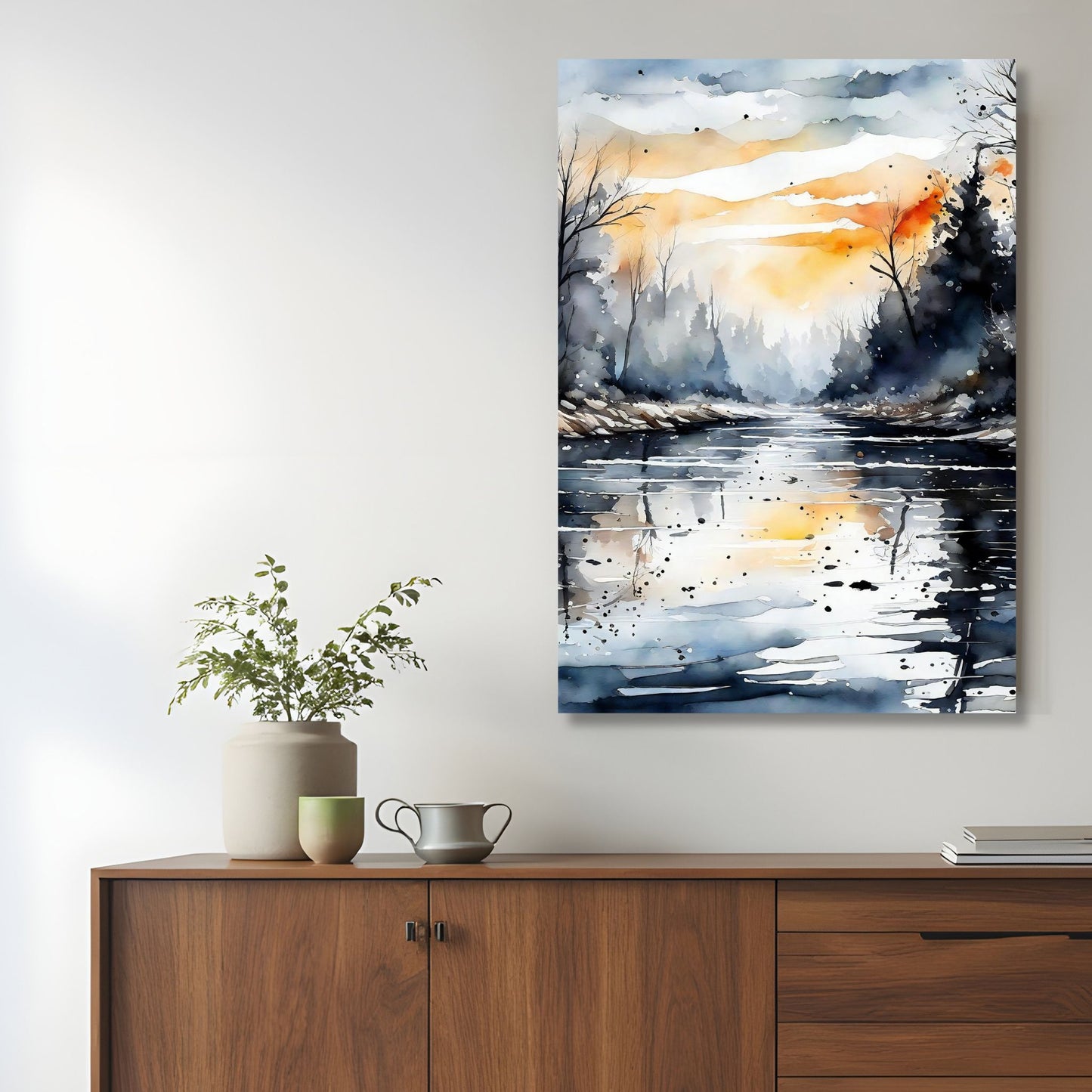 Vertikal akvarellkunst med stille elv og varmt kveldslys i gyldne og blå toner fra Silent Waters Collection. Illustrasjon viser motiv på lerret.