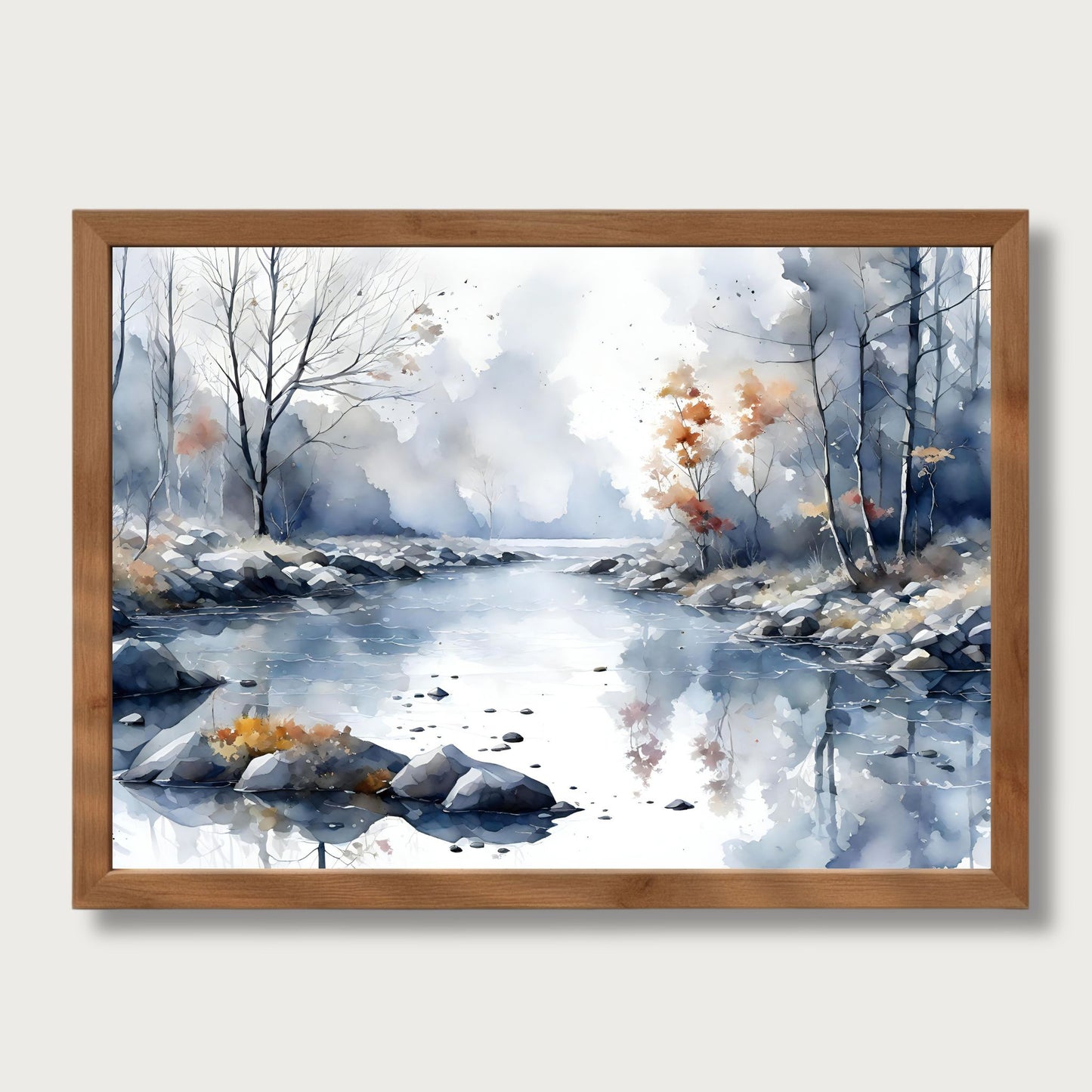 Akvarellillustrasjon av stille elv med steiner og nakne trær i disige blå og varme høsttoner, nordisk og rolig uttrykk. Illustrasjon viser motiv som plakat uten hvit kant i mørk, eik ramme.