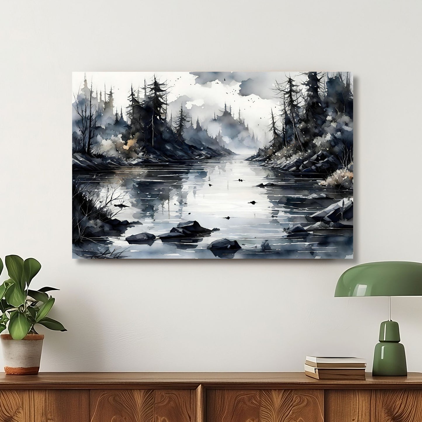 Akvarellillustrasjon av stille elv omgitt av mørk barskog i blå og grå toner, nordisk vinterlandskap med dis og refleksjoner. Illustrasjon viser motivet på lerret.