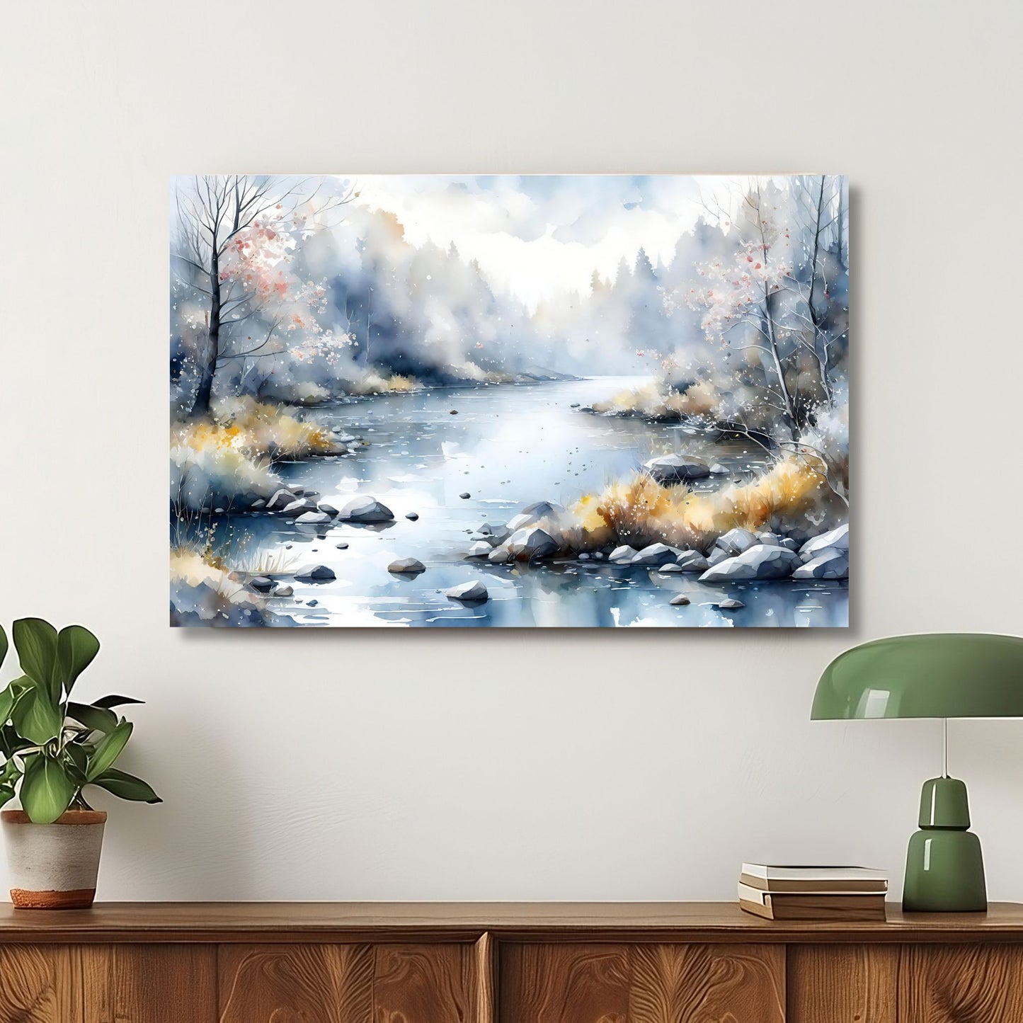 Akvarellillustrasjon av stille elv i lyst vinterlandskap med dis, myke blå toner og varme detaljer i nordisk stil. Illustrasjon viser motiv på lerret.