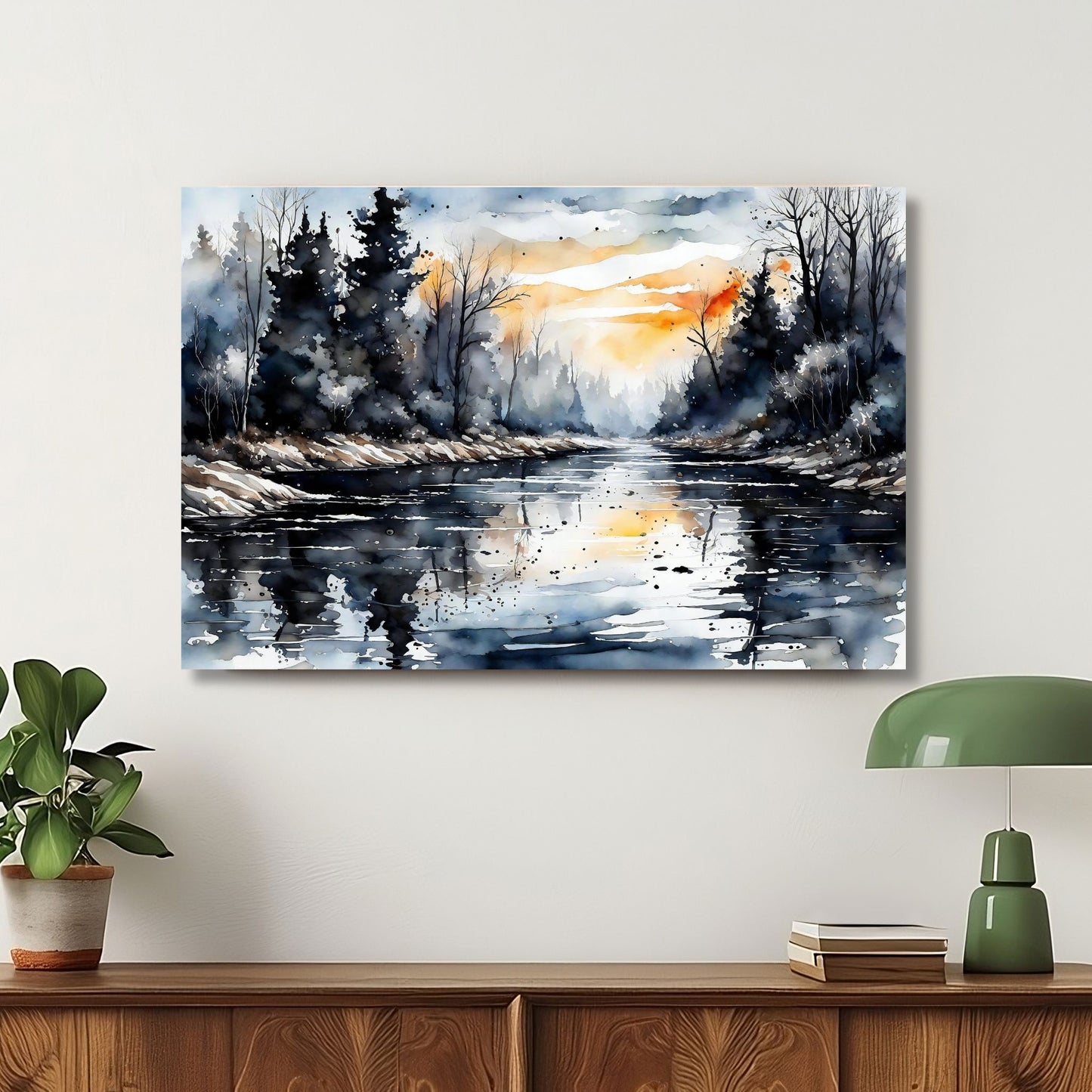 Akvarellillustrasjon av stille elv i vinterlandskap med varmt skumringslys, mørk skog og refleksjoner i vannet i nordisk stil. Illustrasjon viser motiv på lerret.