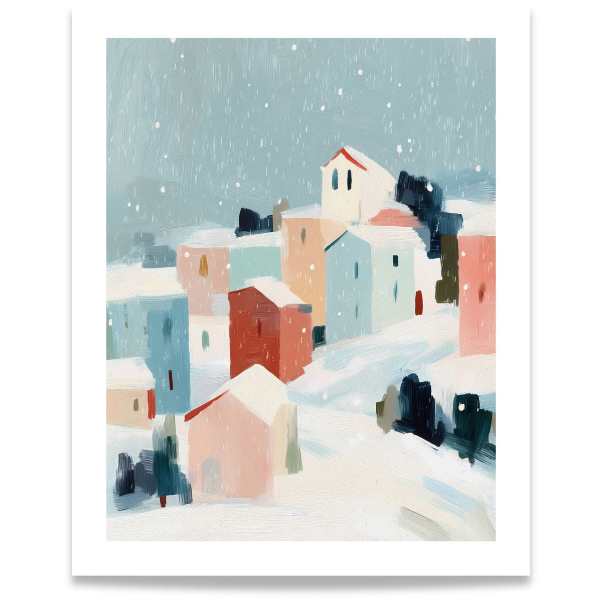 Snowfall Village vinterplakat med fargerike hus, snødekte tak og fallende snø mot dus blå himmel. Format 40x50.