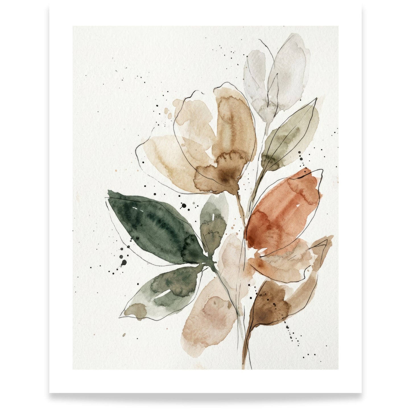 Botanisk akvarellplakat med blomster og blader i myke jordtoner 40x50