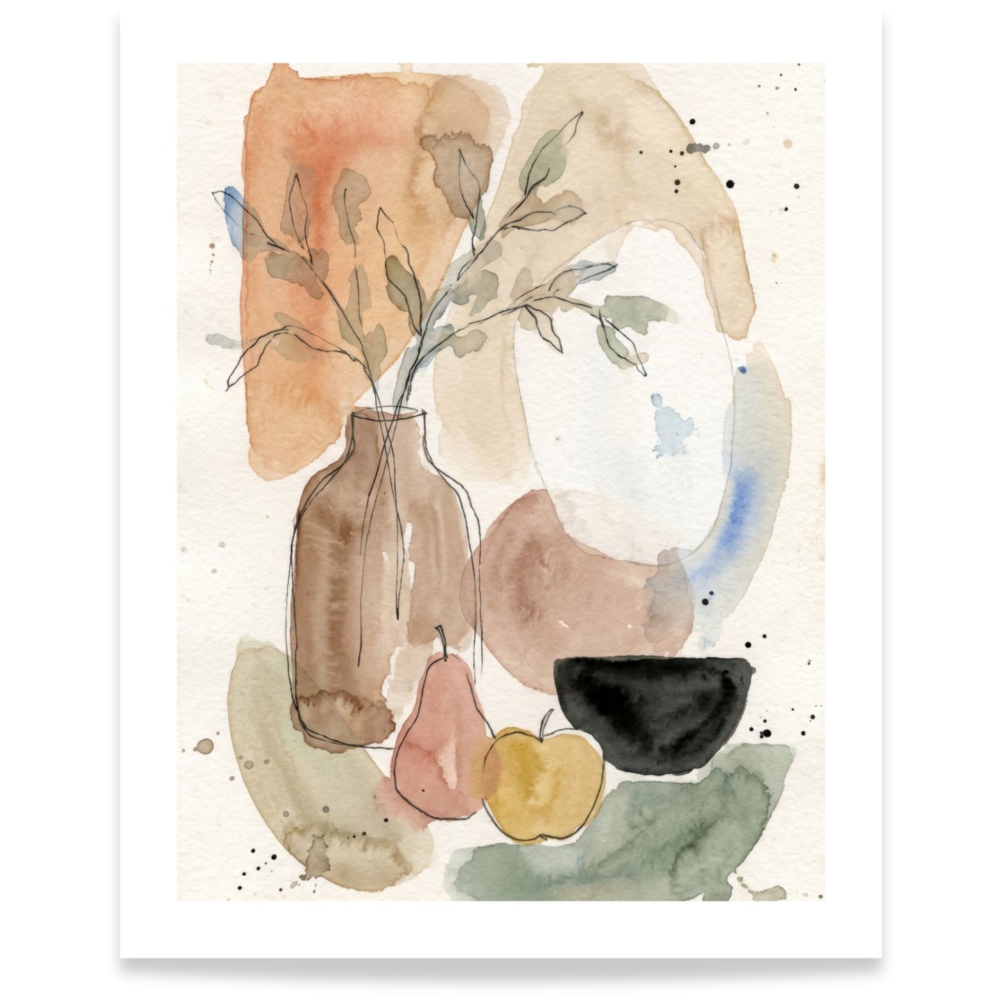 Botanisk akvarellplakat med vase, blader og abstrakte former 40x50