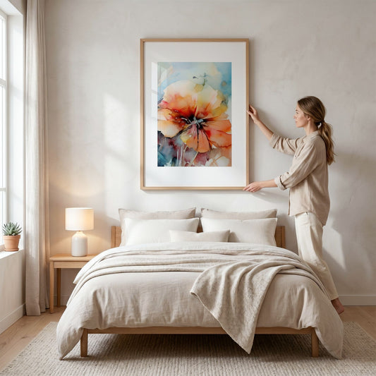 Soft Energy Bloom No3 blomsterplakat stylet over seng i lyst nordisk soverom