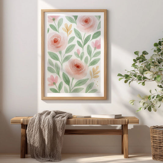 Spring Bloom Blush Garden blomsterplakat med akvarellblomster i rosa og grønne blader