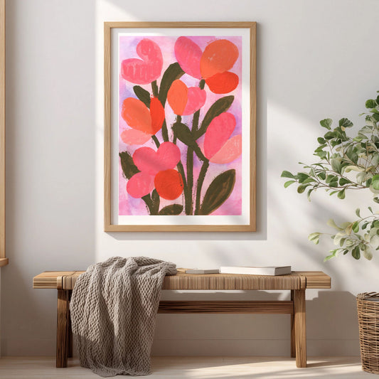 Spring Bloom Coral Garden blomsterplakat med rosa og korallfargede blomster i moderne stil