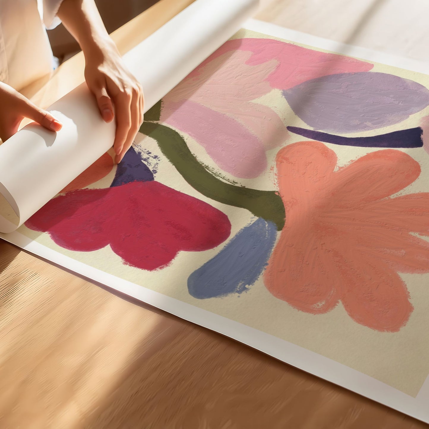 Detaljbilde av Spring Bloom Pastel Meadow kunstplakat som viser penselstrøk og farger i blomsterillustrasjonen
