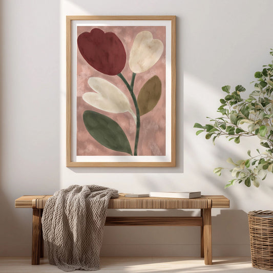 Spring Bloom Rustic Tulip blomsterplakat med stilisert tulipan i burgunder og kremfarger