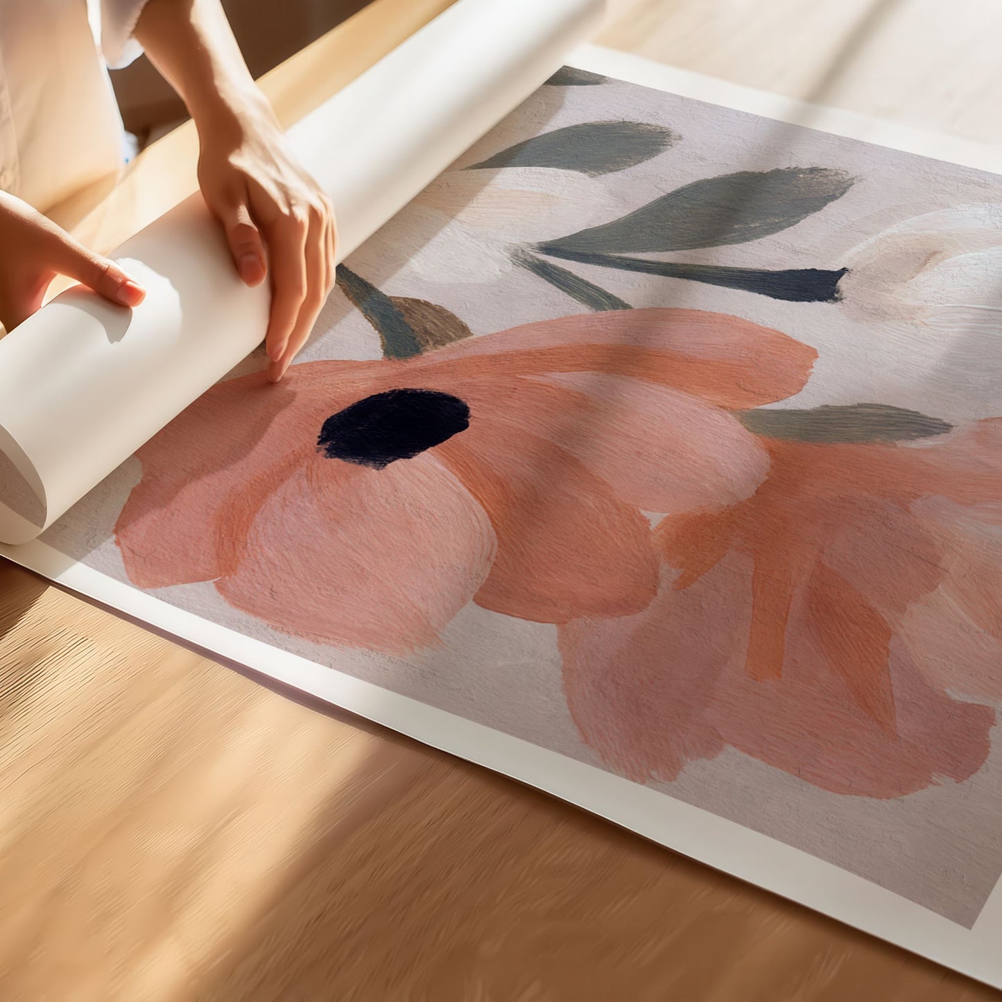 Detaljbilde av Spring Bloom Soft Blossom kunstplakat som viser penselstrøk og blomsterdetaljer