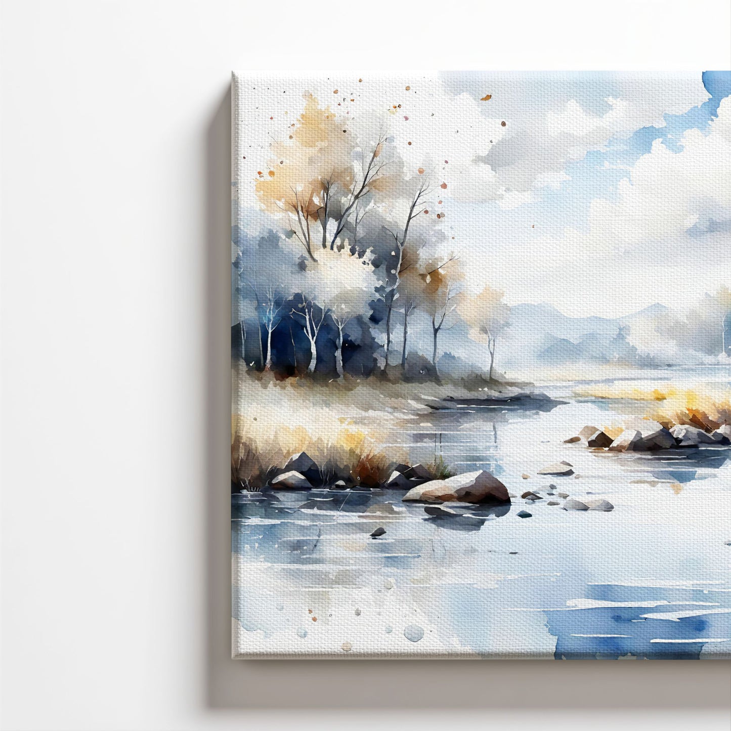 Detaljbilde av Still Lake Light lerret som viser struktur og farger i motivet