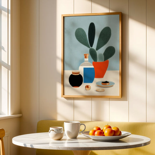 Stilren illustrasjon med stilleben i rolige farger fra serien Still Life & Everyday Calm. Miljøbilde