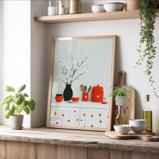 Stilren plakat med grener i vase, keramikk og varme røde detaljer i rolig og nordisk uttrykk. miljøbilde av plakat i eik ramme på kjøkken.