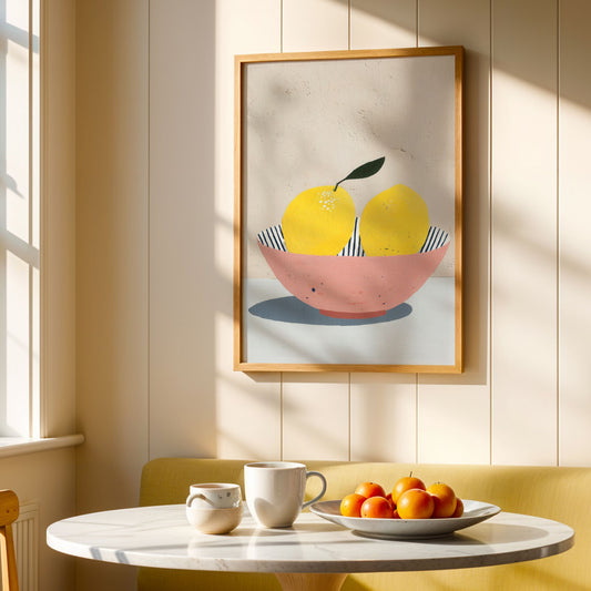 Stilren plakat med sitroner i skål, gjengitt i myke former og rolige farger fra serien Still Life & Everyday Calm. Miljøbilde.